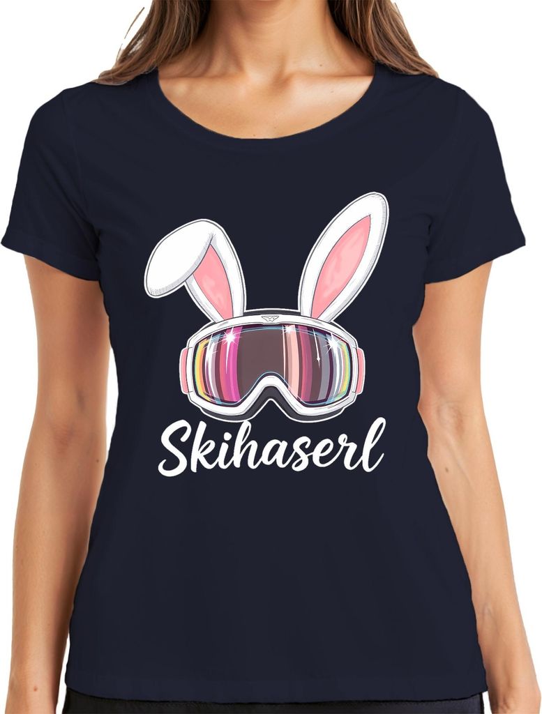 Skihaserl Skifahren Skibrille Bunny Lustig Fasching Karneval Damen T-Shirt, Navy, M
