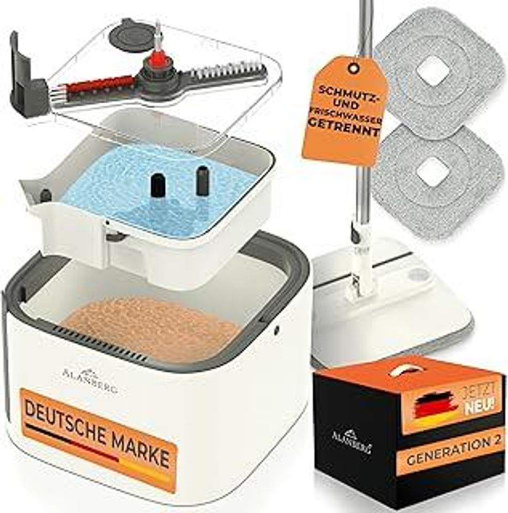 Wischmopp Set mit Eimer Gen 2, Bodenwischer mit 360°-Selbstauswring-Flachwischer, Doppelkammer-System, abnehmbarem Tank, 2 Mikrofaser-Pads, Hausha...