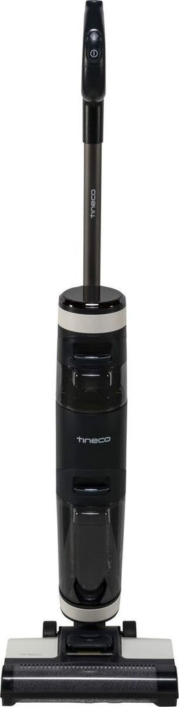 A black and white cordless vacuum cleaner is shown from the front.