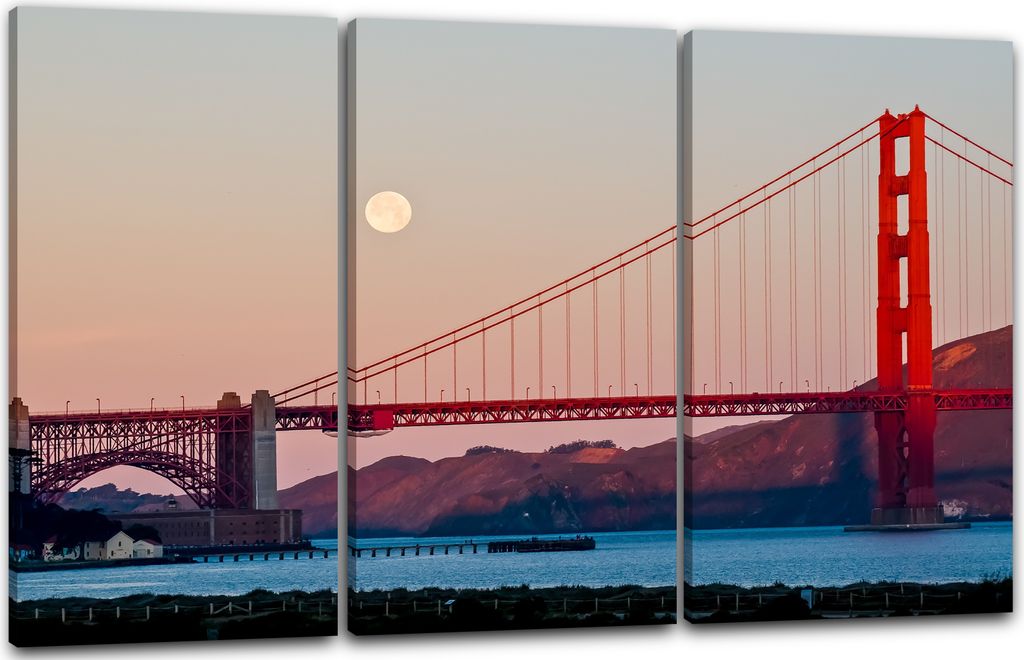 Leinwandbild 3-teilig (120x80cm): Golden Gate Bridge Blick von unten, echter Holz-Keilrahmen inkl. Aufhänger, handgefertigt in Deutschland