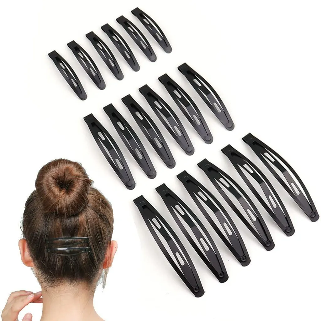15 Barrettes Noires à Pression pour Femme, Pinces Plates en Métal Robustes