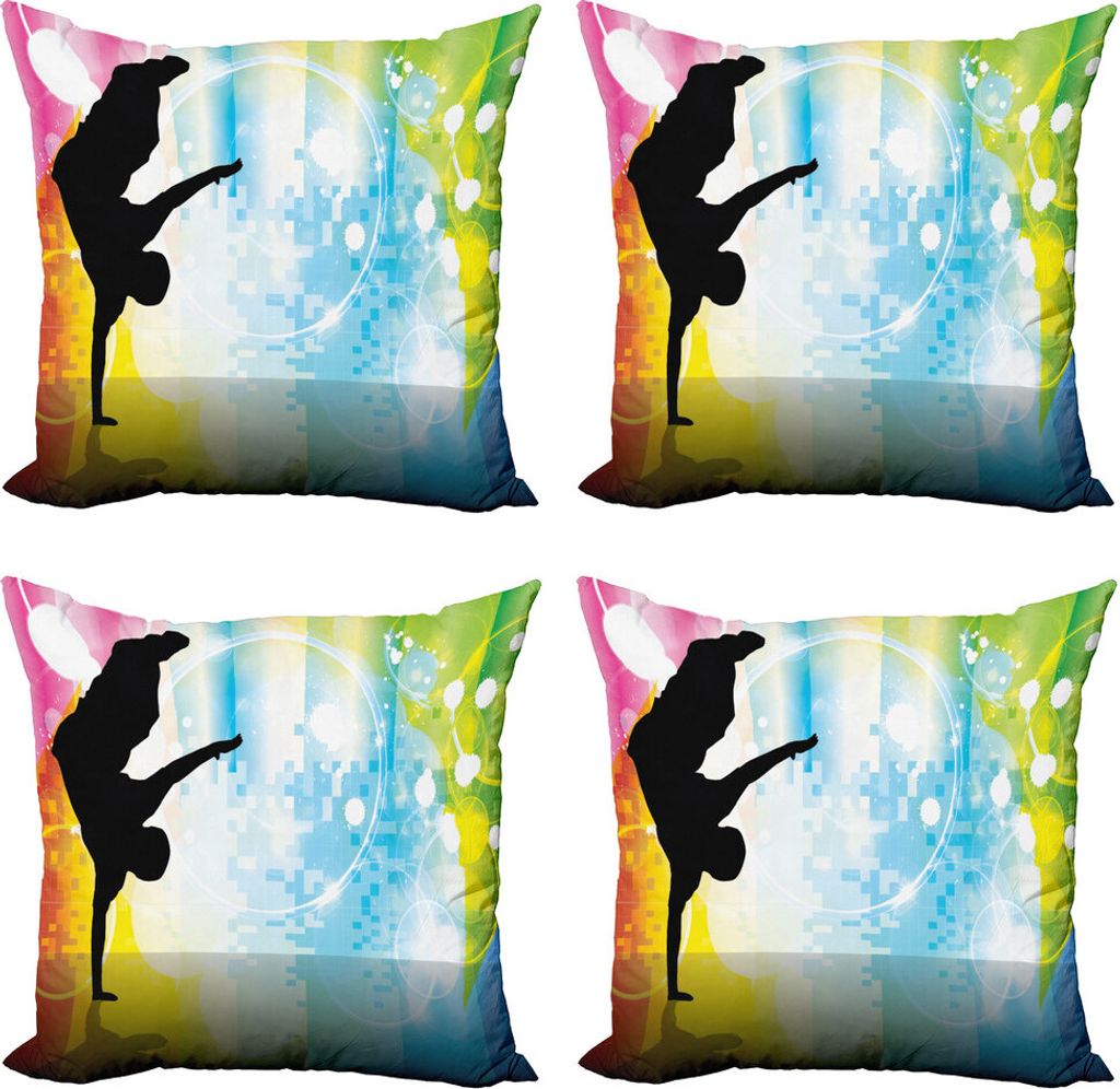 ABAKUHAUS HipHop Kissenbezug Set (4 Stück), Breakdance Theme, Moderner Doppelseitiger Digitaldruck, 40 cm x 40 cm, Mehrfarbig