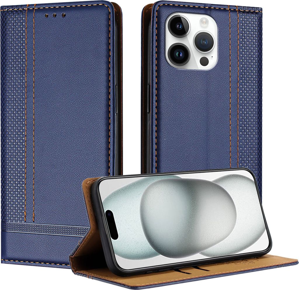 Handyhülle für iPhone 14 Pro Max Leder Flip Klappbare Schutzhülle mit Standfunktion Blau