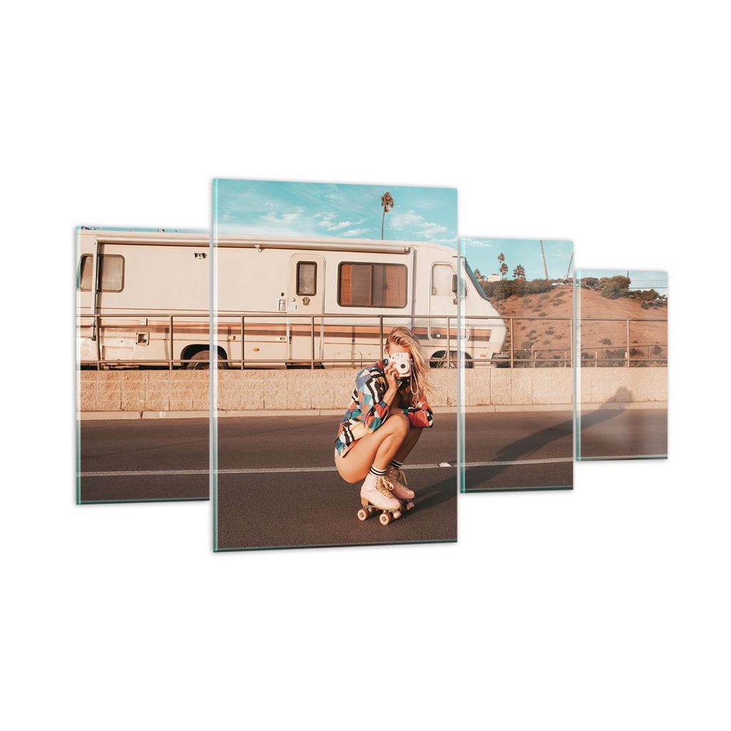 Bilder auf glas - 4 Teile - Reise Frau Rollschuhe - 160x90cm - Glasbilder - Wandbilder - Bilder - zum Aufhängen bereit - Wanddekoration aus Glas -...