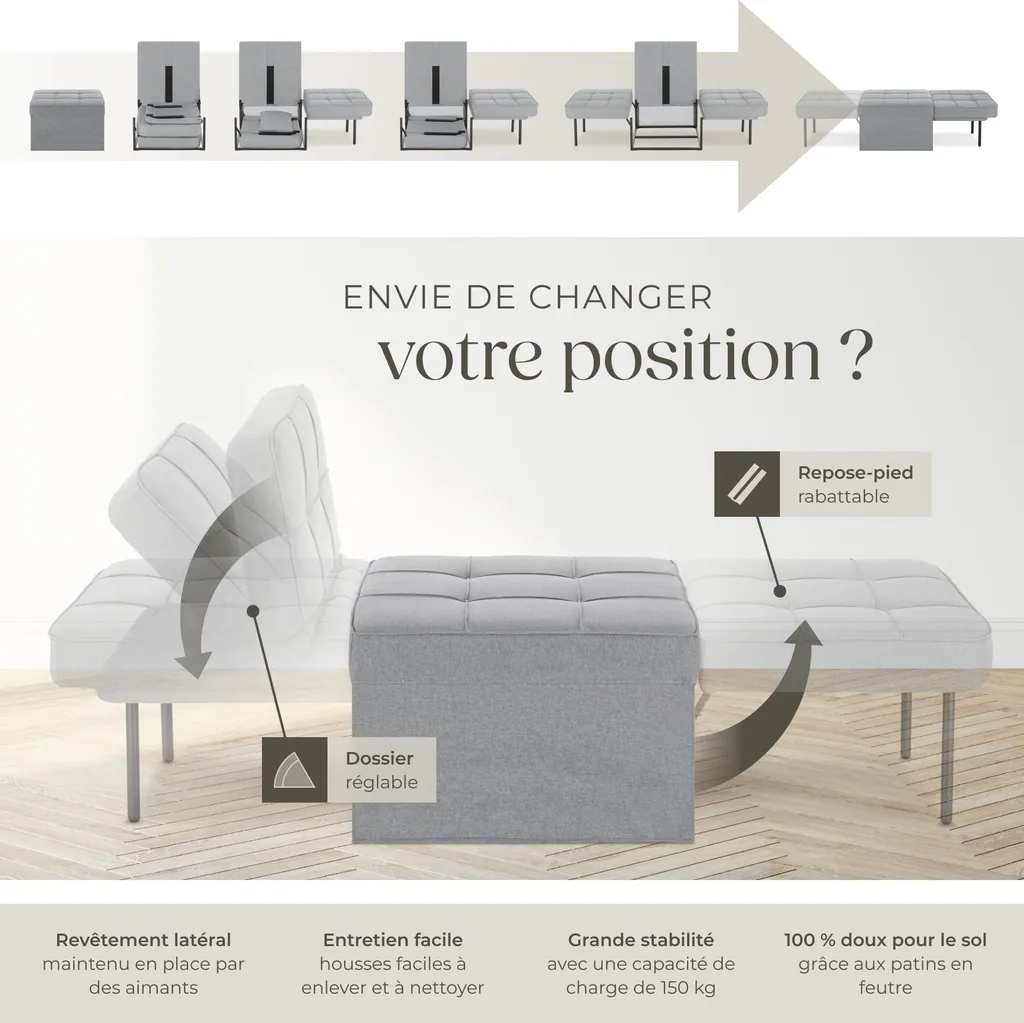 Lit d'appoint et fauteuil de salon PONTO gris clair idéal petits espaces - 3