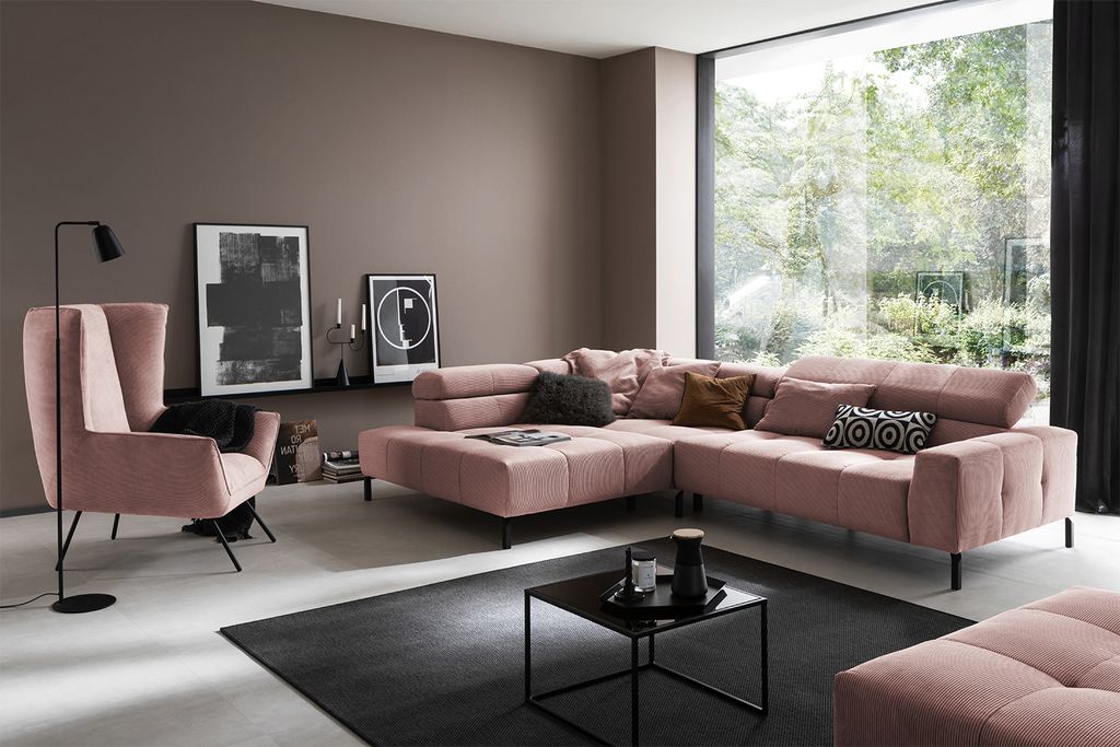 KAWOLA Sofa OHIO Ecksofa Feincord rosa Recamiere links