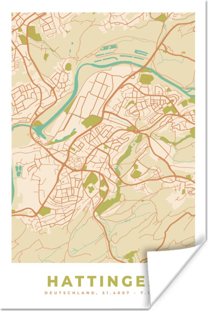 MuchoWow Poster Hattingen - Jahrgang - Karte - Stadtplan 20x30 cm - Papierdruck