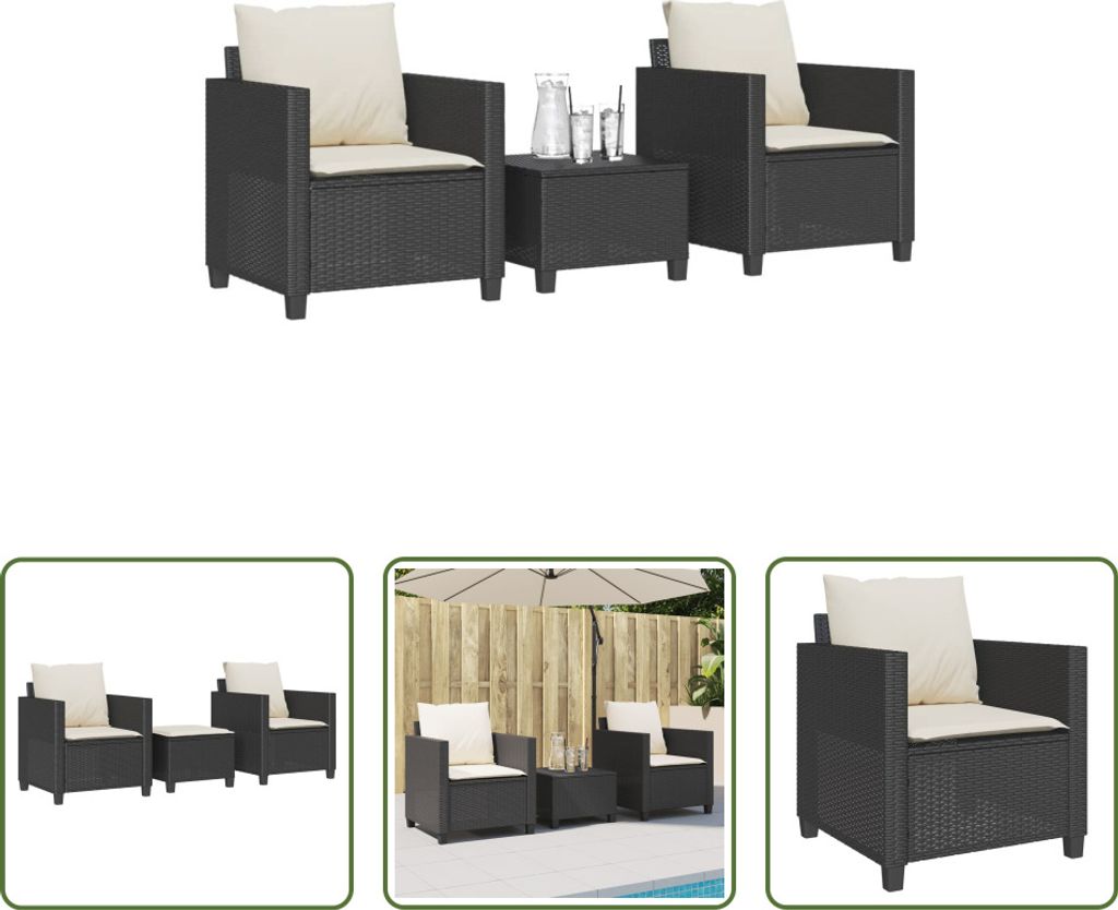 The Living Store 3-tlg. Bistro-Set mit Kissen Schwarz Poly Rattan
