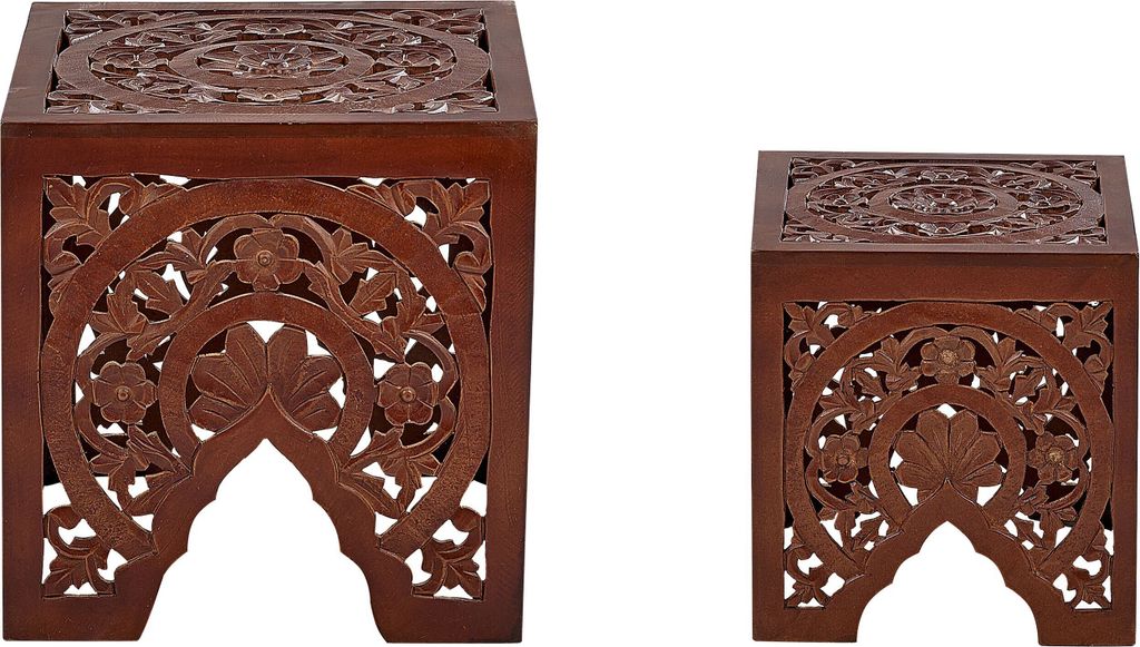 BELIANI Beistelltisch 2er Set Braun Quadratisch mit Muster Durchbrochenes Design Vintage Retro Rustikal Couchtisch Set für Wohnzimmer