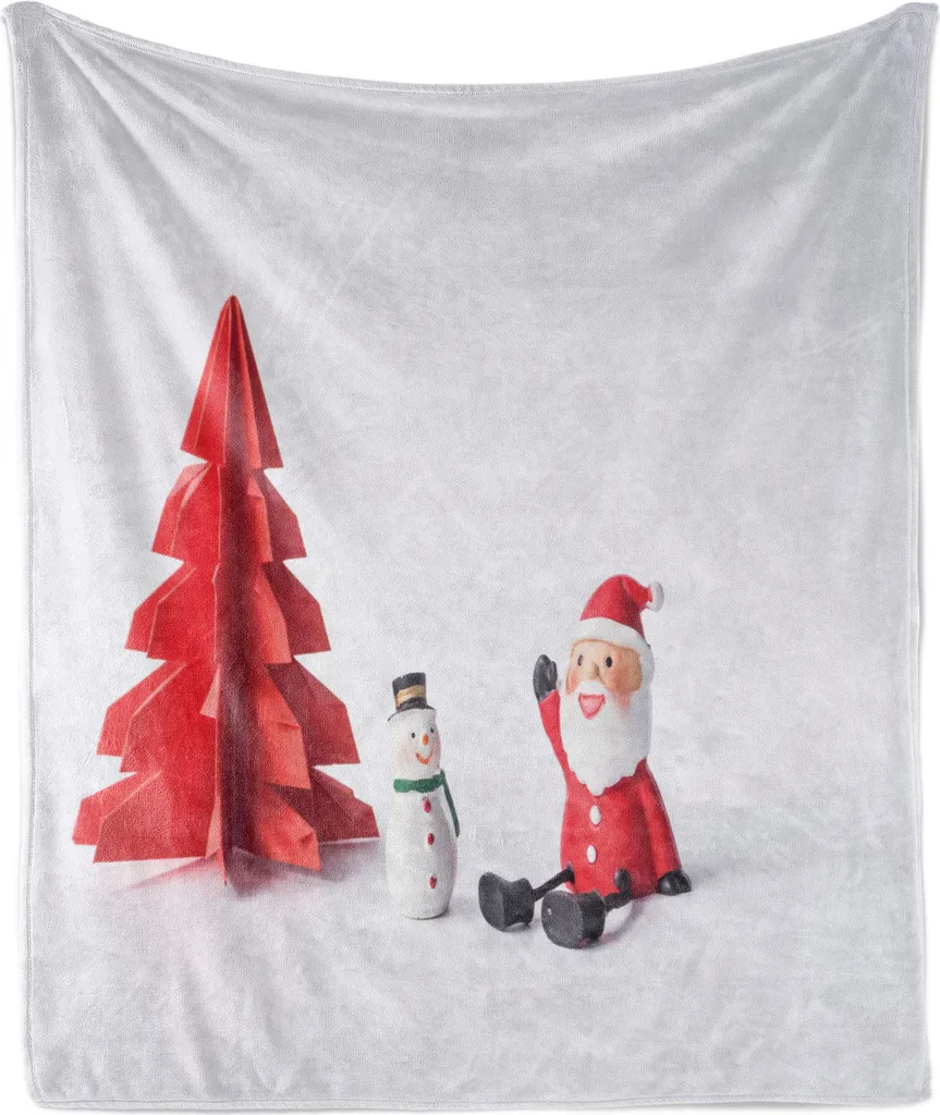 ABAKUHAUS Coperta morbida in flanella e pile con motivo pupazzo di neve, Babbo Natale e albero di Natale ritagliati su carta, morbida e confortevole per interni ed esterni, 125 x 175 cm, grigio chiaro e rosa scuro