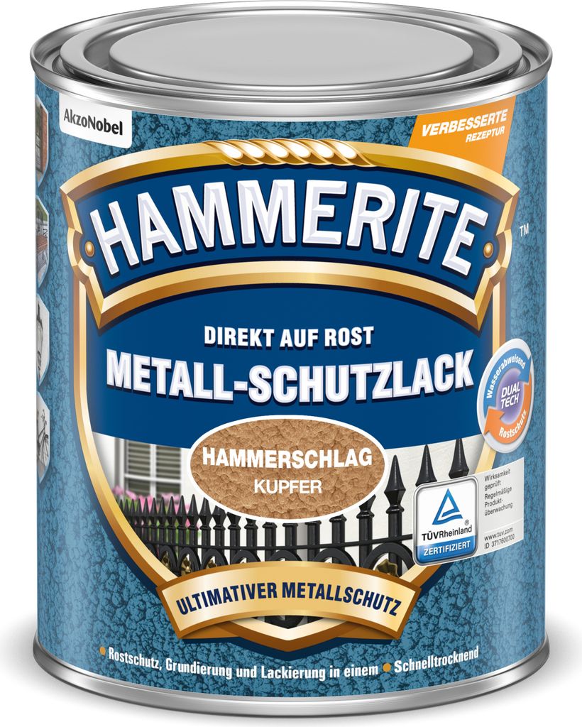 Hammerite Metallschutzlack Hammerschlag, 3in1 Rotschutz für Metall, Kupfer, 750 ml