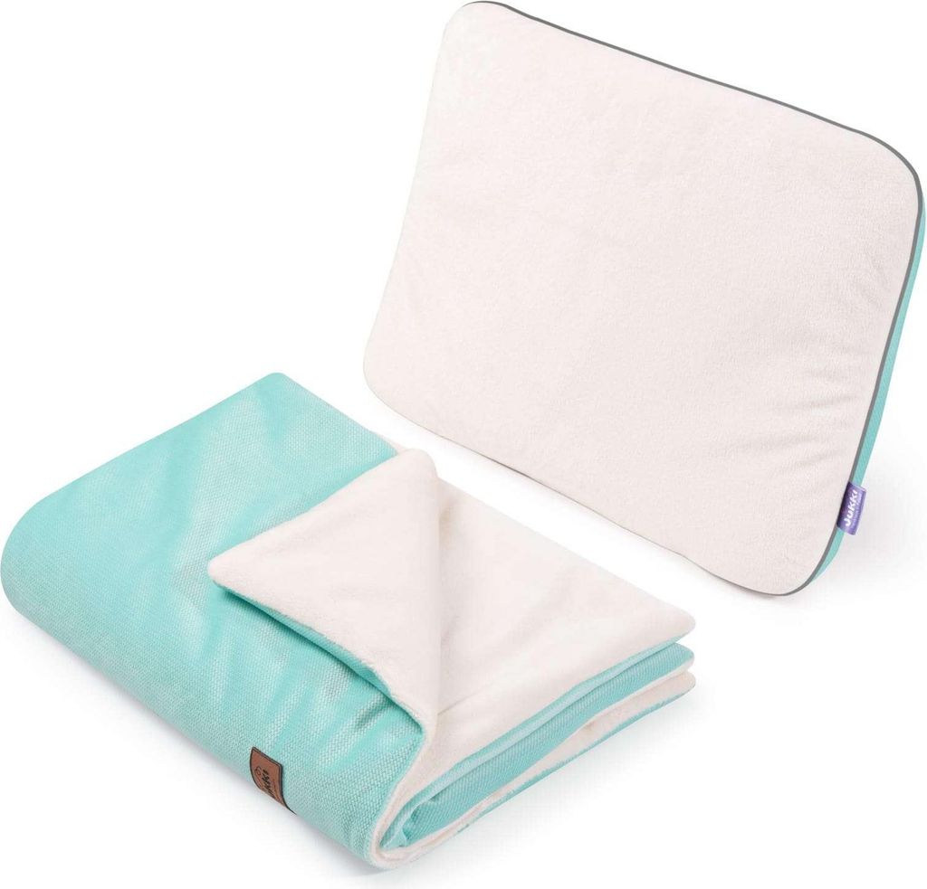 Kinderwagenset – Decke und Kissen – Ecru Plüsch & Mint Produktbild 