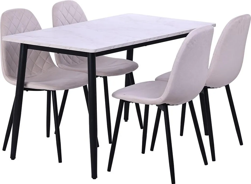 Salle à Manger Complète avec Table Effet Marbre et 4 Chaises en Velours