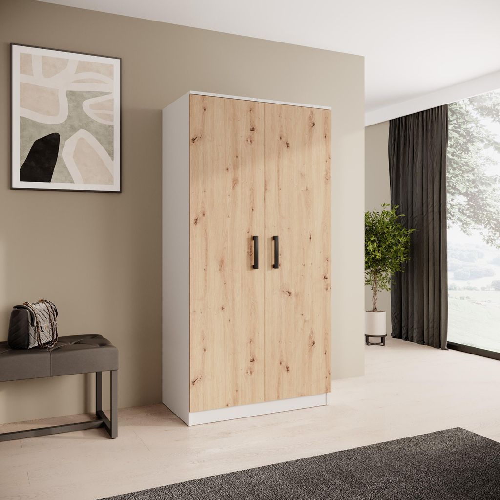 BEAUTYSOFA | Drehtürenschrank TREND 90 cm Weiß + Artisan, Moderner Kleiderschrank mit Kleiderstange & Regalen - Soft-Close-System