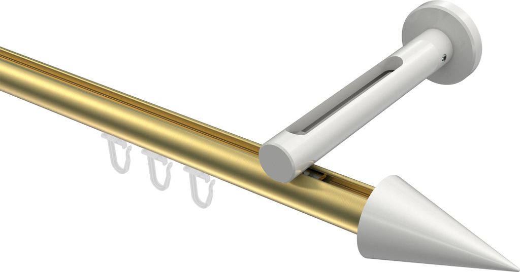 Interdeco Innenlaufstange / Gardinenstange mit Innenlauf Messing-Optik / Weiß, Typ Siteno Savio (Kegel), 20 mm Ø 1-läufig, 540 cm