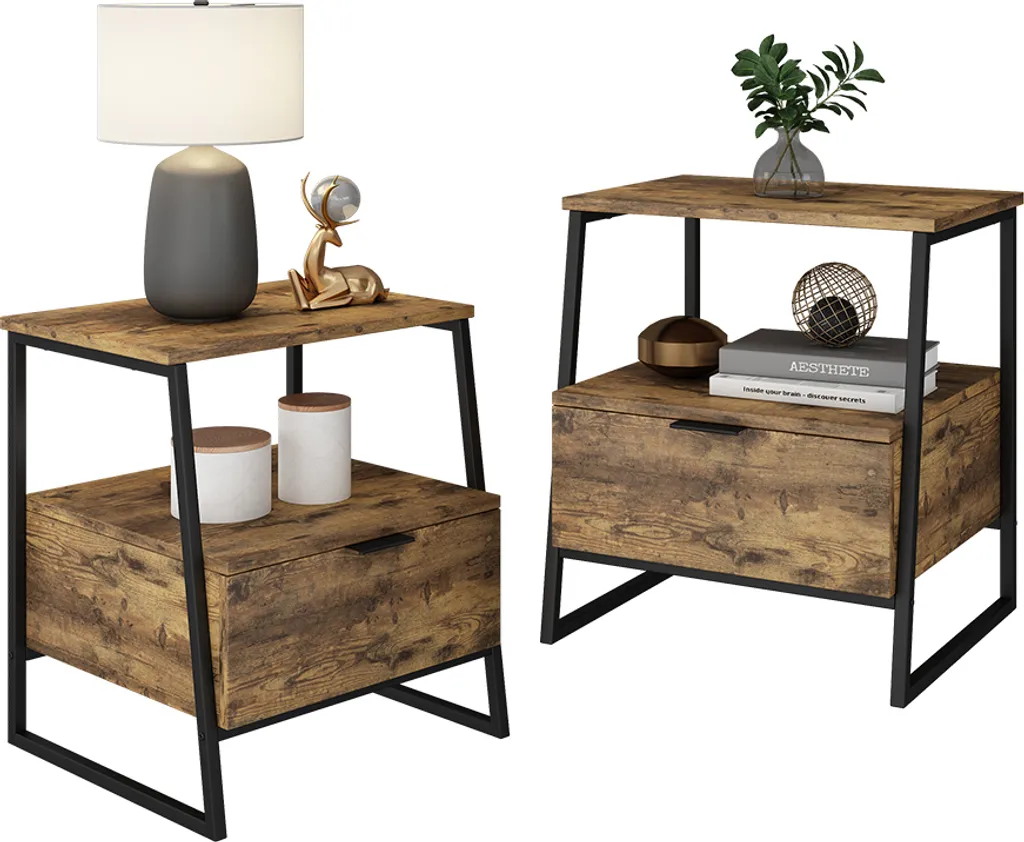 Table de nuit Vicco Lunor Chêne rustique et Noir, Lot de 2 Modèle 55282