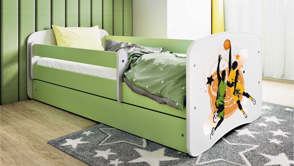 Kinderbett Jugendbett Basketball 70x140, 80x160, 80x180 cm - Komplettset mit Matratze, Schublade & Rausfallschutz