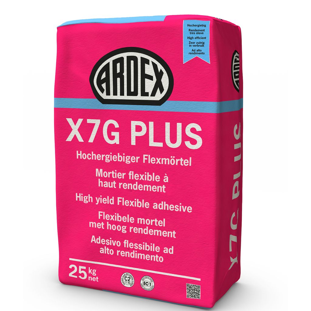 A pink bag of ARDEX X7G PLUS adhesive.