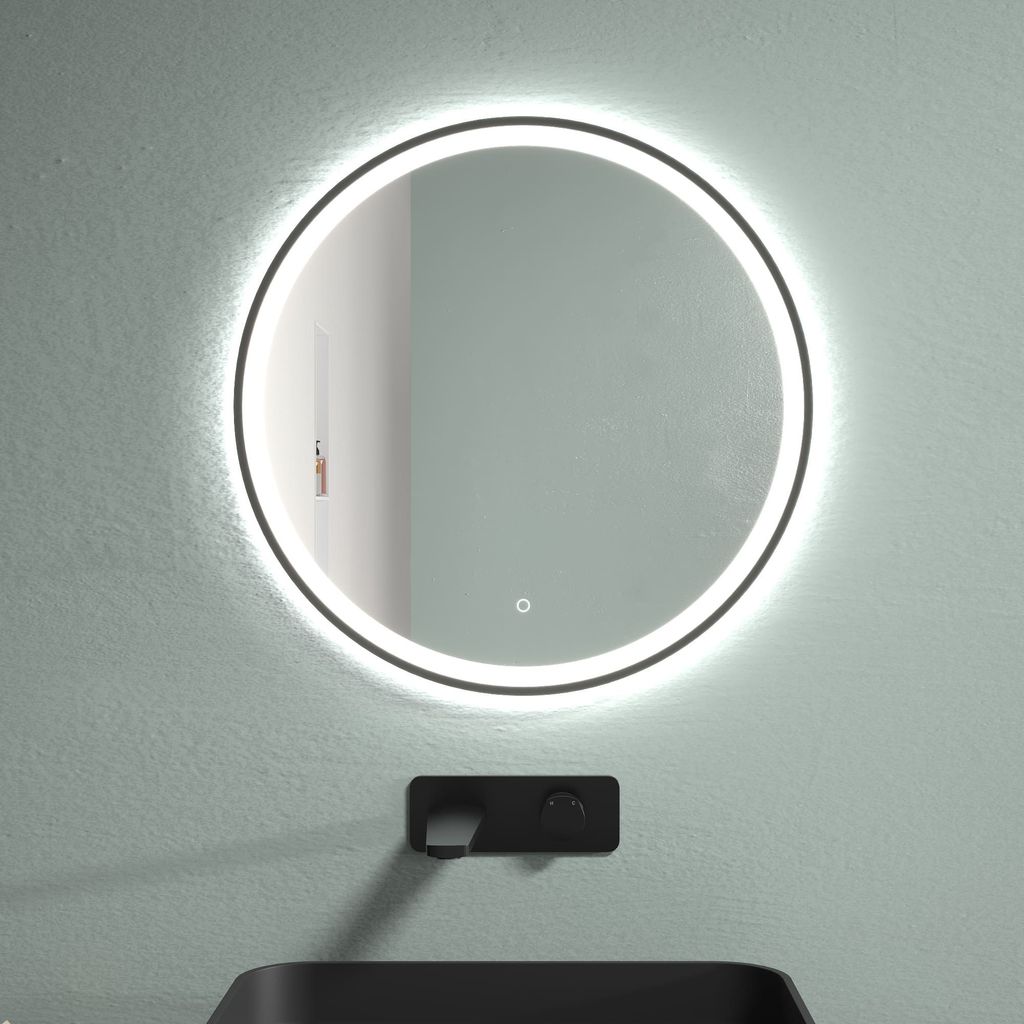 LED Spiegel mit Spiegelheizung Ø 60, 80, 100 cm Schwarz Matt Warm-/Kaltlichteinstellung Badspiegel, Größe:60 cm