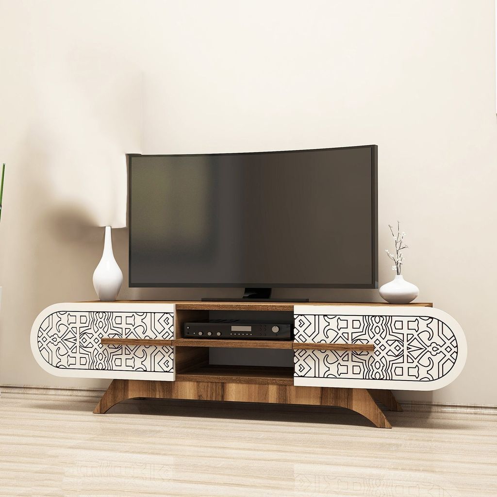 Skye Decor, Defne - WalnutCream, TV-Einheit, Nussbaum, 100 % MELAMINBESCHICHTETE SPANPLATTEN, 145 x 37 x 37 cm