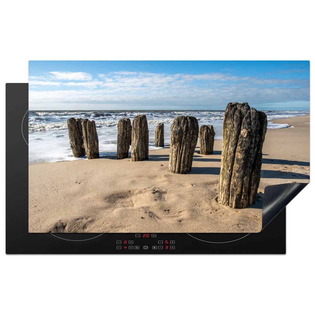 KitchenYeah Herdabdeckplatte Sand - Strand - Pfahl - Wasser - Sommer , 83x51cm, Küche Deko, Glaskeramikkochfeld Herdabdeckung, Abdeckplatte fùr...