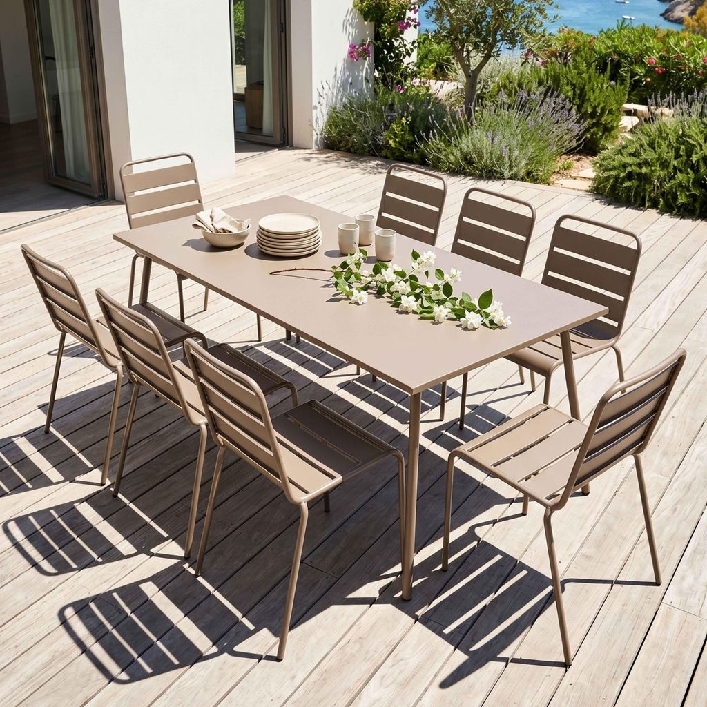 Ensemble table de jardin et 8 chaises en métal taupe - Image du produit 
