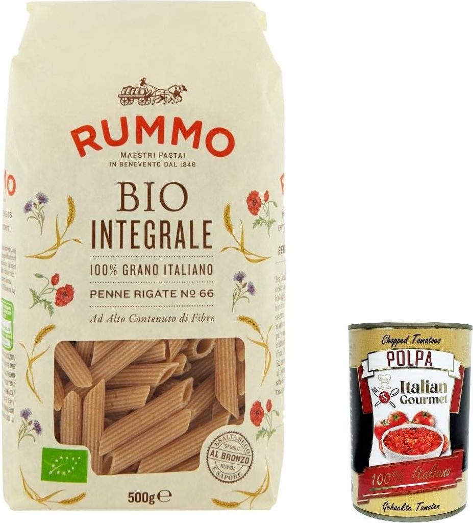 5x Rummo Pasta Integrale Penne rigate N. 66, Vollkornnudeln Nudeln Vollkorn Italienische Pasta 500g + Italian Gourmet polpa 400g