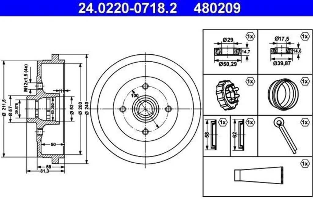 Tambour de frein ATE 24.0220-0718.2 avec roulement pour VW Golf 3