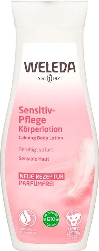 A product shot of a bottle of Weleda Calming Body Lotion.