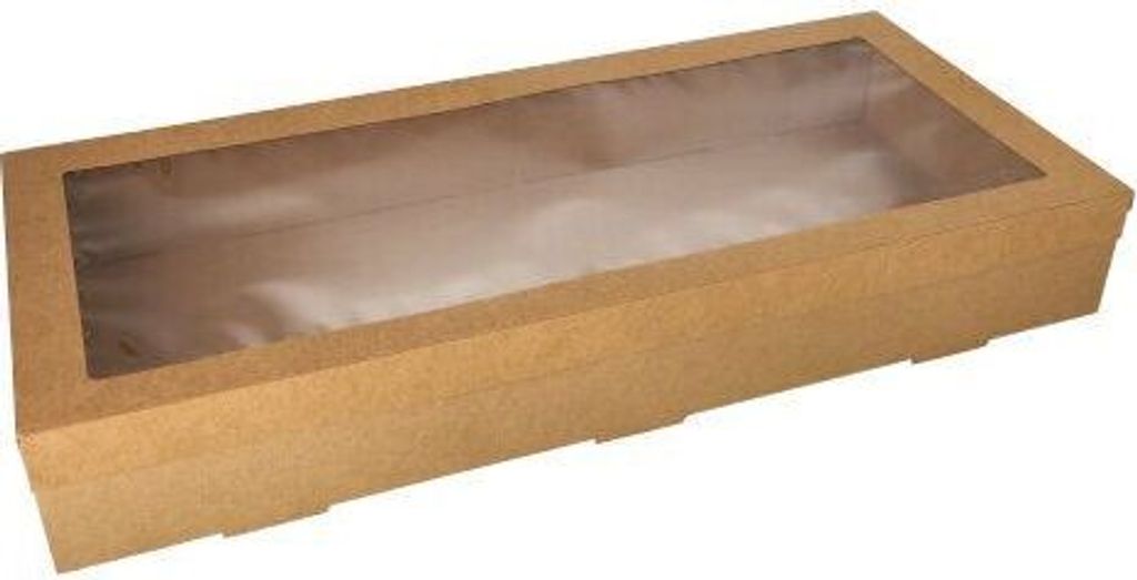 50 Transport- und Catering-Kartons, Pappe eckig 8 cm x 25,2 cm x 55,8 cm braun mit separatem Deckel und Sichtfenster aus PET
