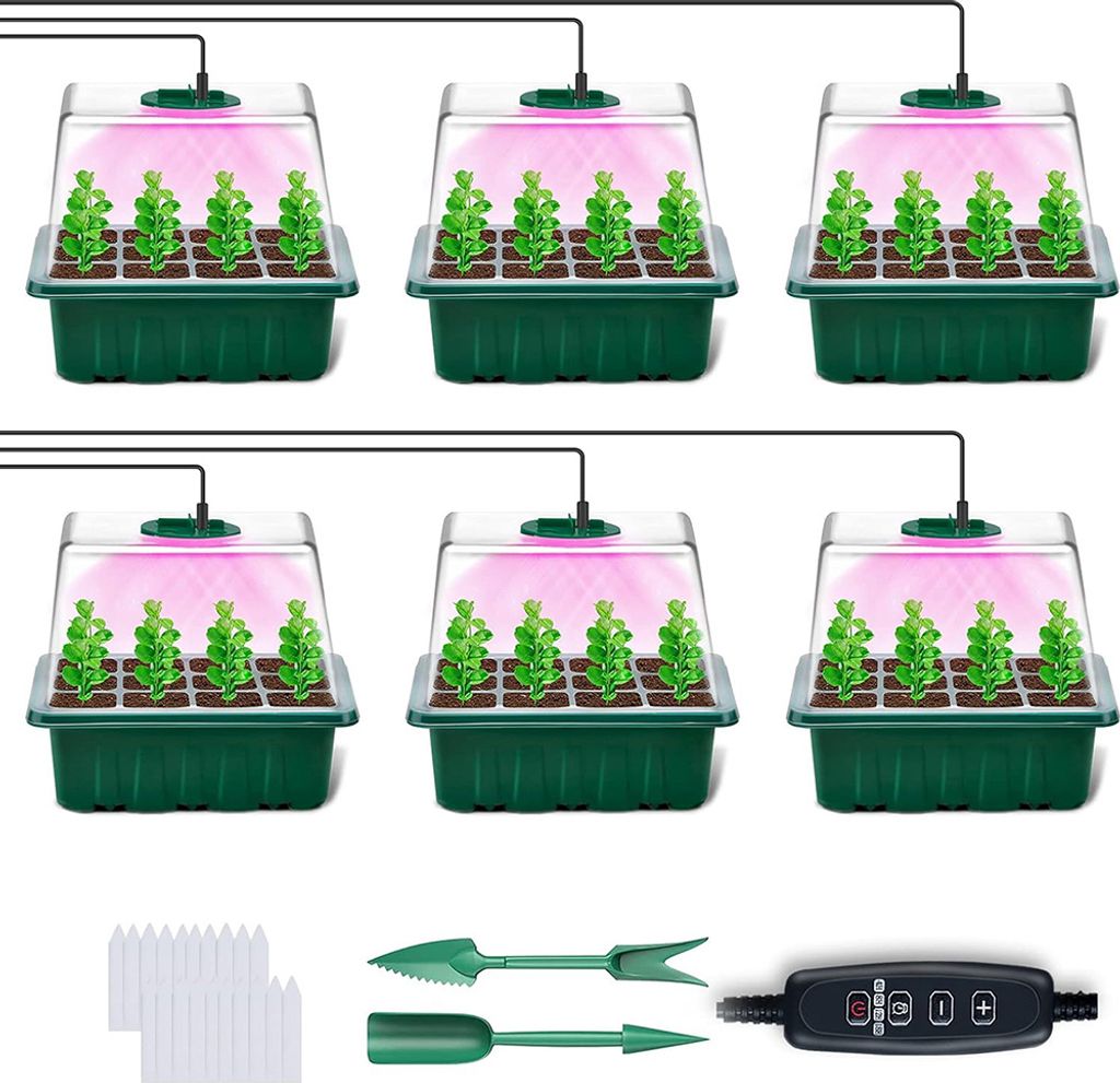 A set of six mini greenhouses with grow lights, along with gardening tools and plant markers, arranged on a white background.