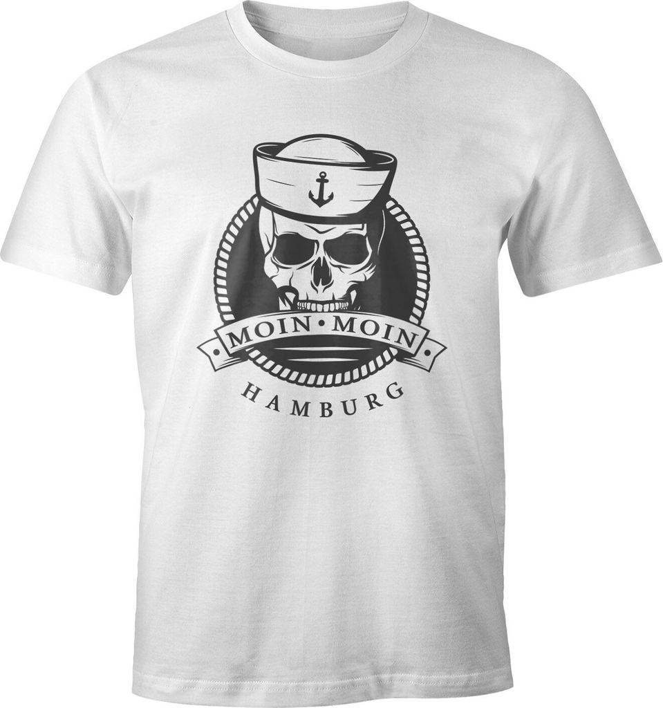 Herren T-Shirt Totenkopf Matrose Anker Motiv Skull Emblem Schriftzug Moin Moin Hamburg Fun-Shirt Spruch Moonworks weiß L