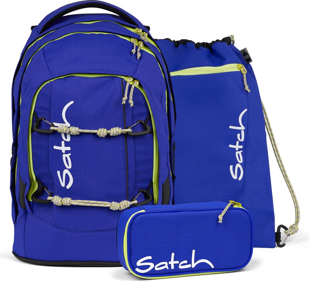 A set of three blue school bags (backpack, drawstring bag, and pencil case) with green accents, displayed against a white background.