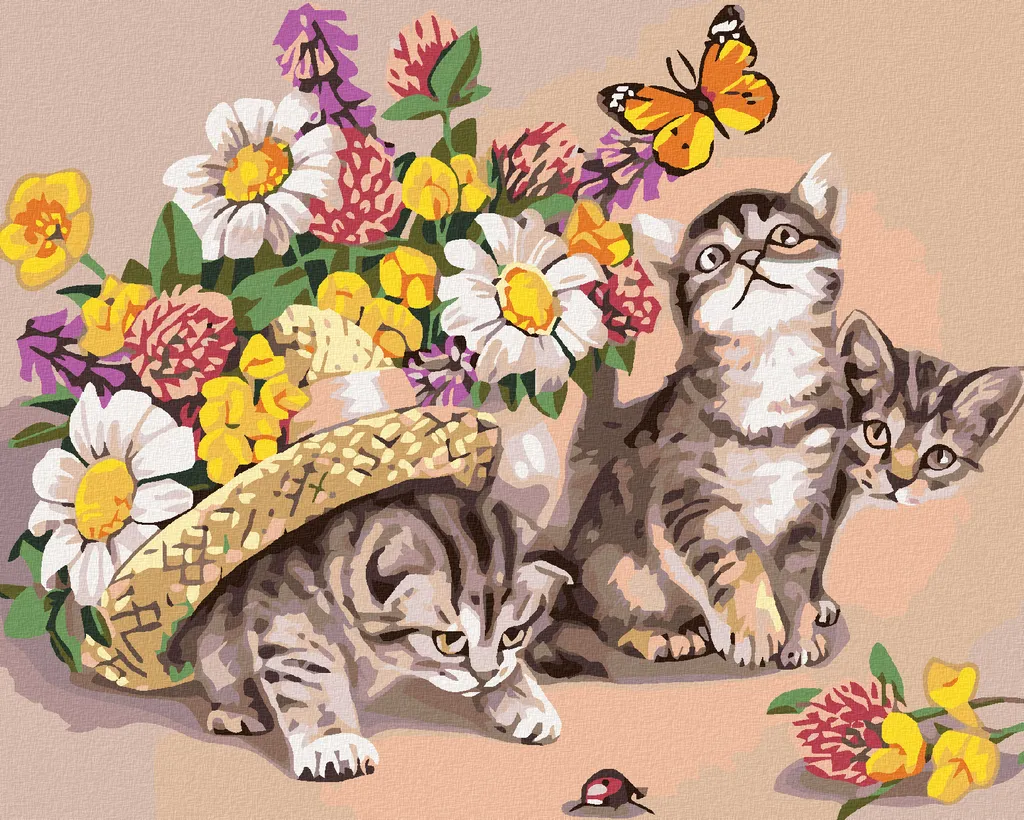 Zuty - Pittura con diamanti - GATTINI CON CAPPELLO E FIORI, 40x50 cm, tela tesa su telaio