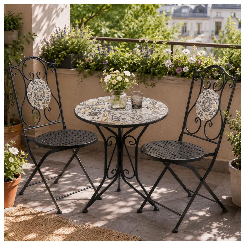 Sitzgruppe Metall schwarz Algier Tisch mit 2 Stühlen Balkon Produktbild 