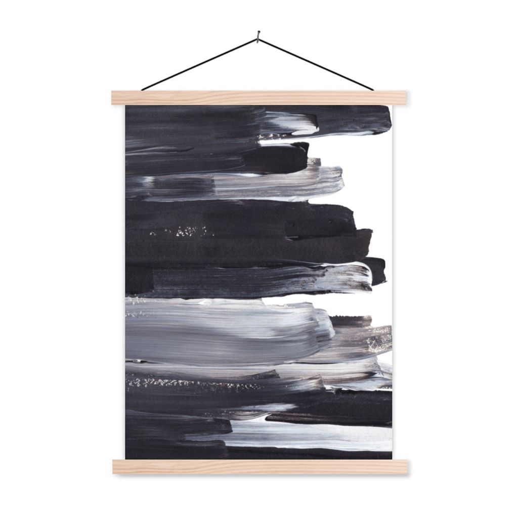 MuchoWow Textilposter Farbe - Schwarz - Design 60x80 cm mit holzfarbenen Rahmen - Wandbild