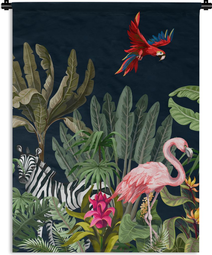 MuchoWow Wandteppich Wandbehang Dschungel - Pflanzen - Tiere - Kinder - Flamingo - Zebra 90x120 cm Tapisserie Dekoration Wandtuch - Wanddeko