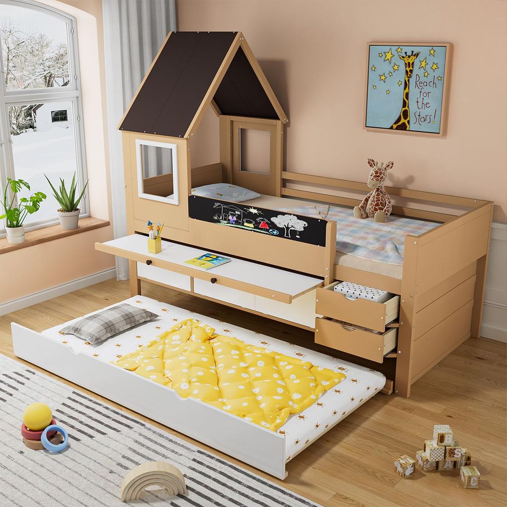Kinderbett mit Schubladen und Ausziehbett Baumhausbett Hausbett Jugendbett Etagenbett 90x200&90*190cm Weiß+Natur