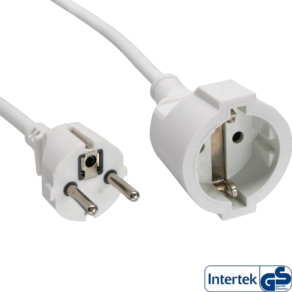 A white power cord with a European plug and socket is shown against a white background.