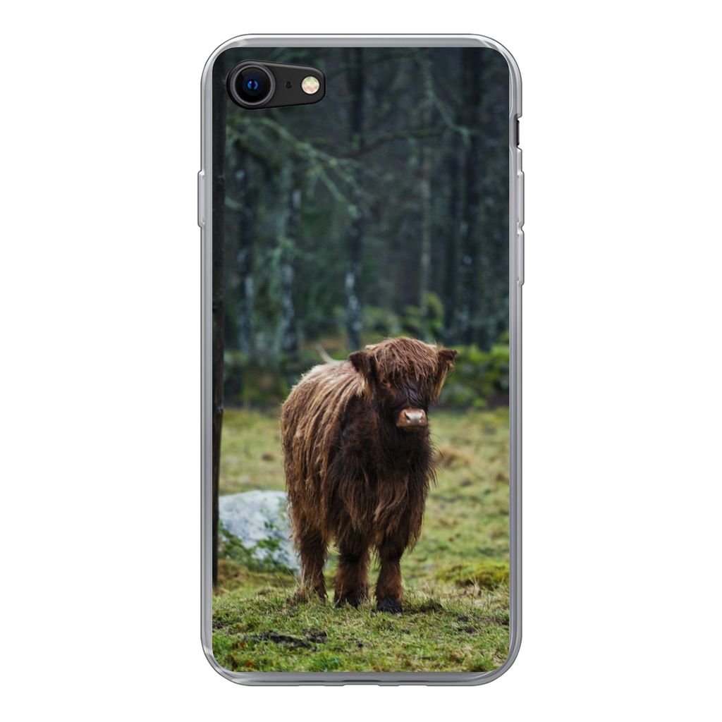 MuchoWow Handyhülle Schutzhülle Hülle für iPhone 8 Schottischer Hochländer - Wald - Moos Silikon Softcase Handy Hülle - Schutzhaube