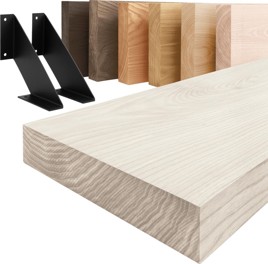 LAMO Manufaktur Wandregal Holz Gerade | Regal Farbe: Weiß | mit schwarzem Vintage Regalträger | 100 cm