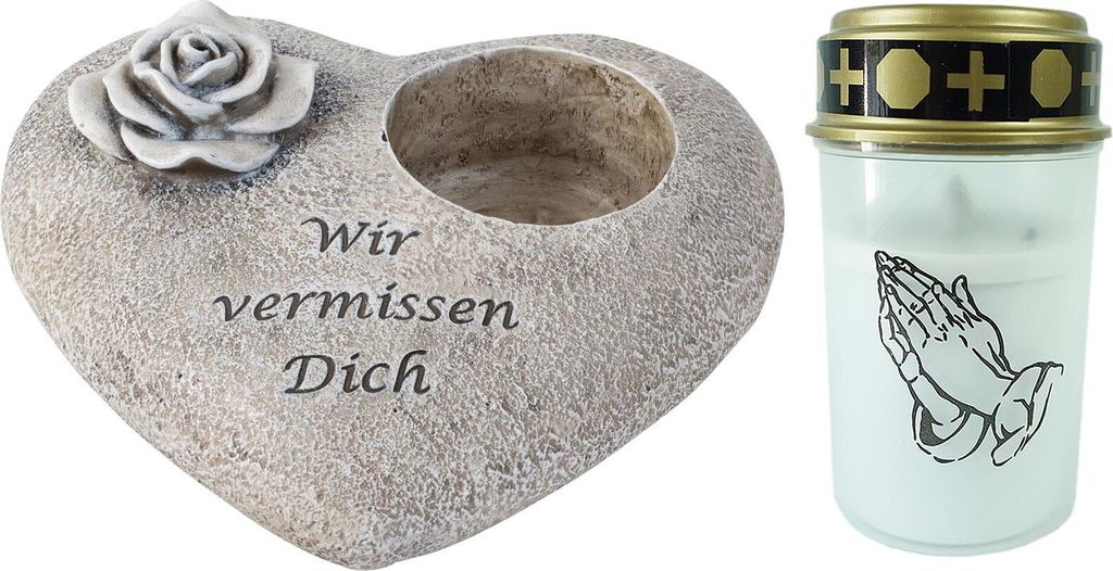 Novaliv Grabschmuck I Grabengel Grabdeko Grabherz grabdekoration Engel für Friedhof grablaterne Engel (Herz Beten, Grablicht weiß)