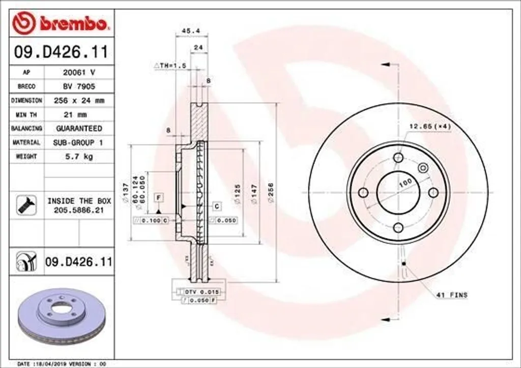 Brembo 09.D426.11 Disque de frein haute teneur en carbone Aveo T300