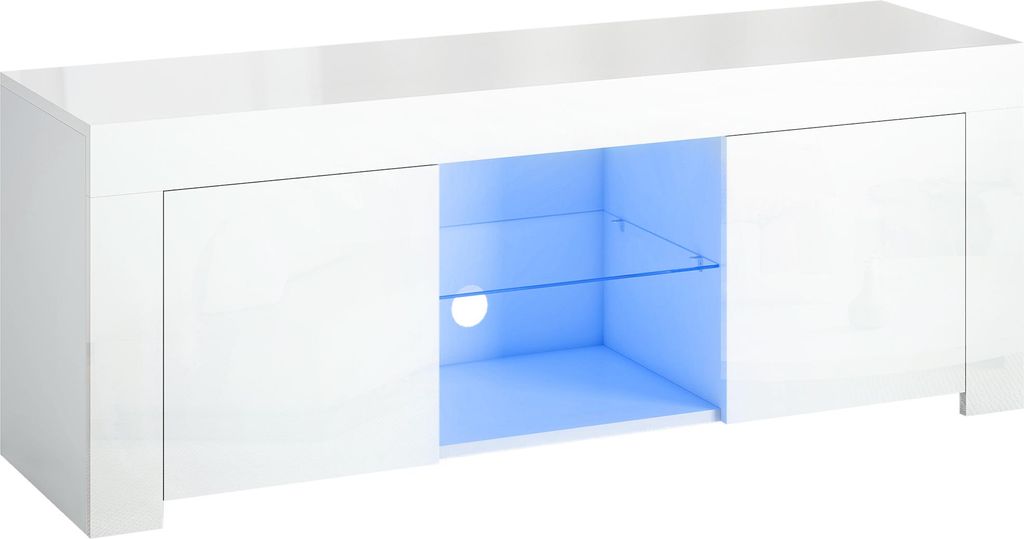 TV-Schrank mit LED-Beleuchtung, 2 Schranktüren, Glasregal, Kabell?cher, für Wohnzimmer, Spanplatte, Wei?
