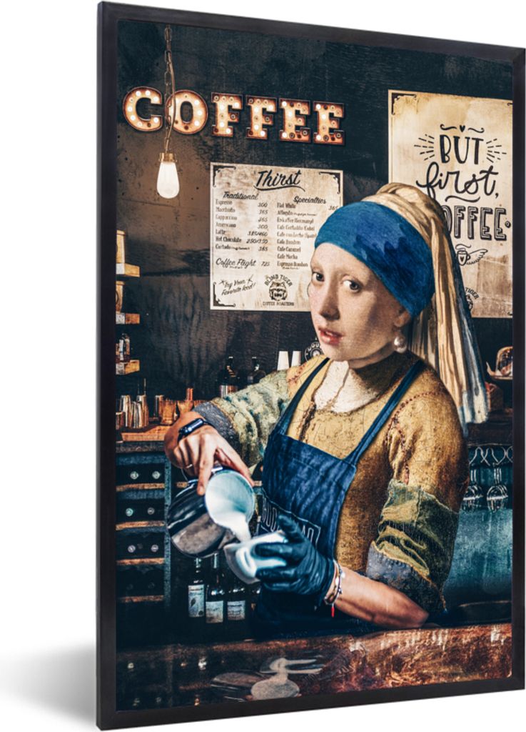 MuchoWow Gerahmtes Poster Mädchen mit Perlenohrring - Bearbeitetes Gemälde - Barista - Vermeer - Kaffee - Cappuccino 60x90 cm - Poster mit Schw...