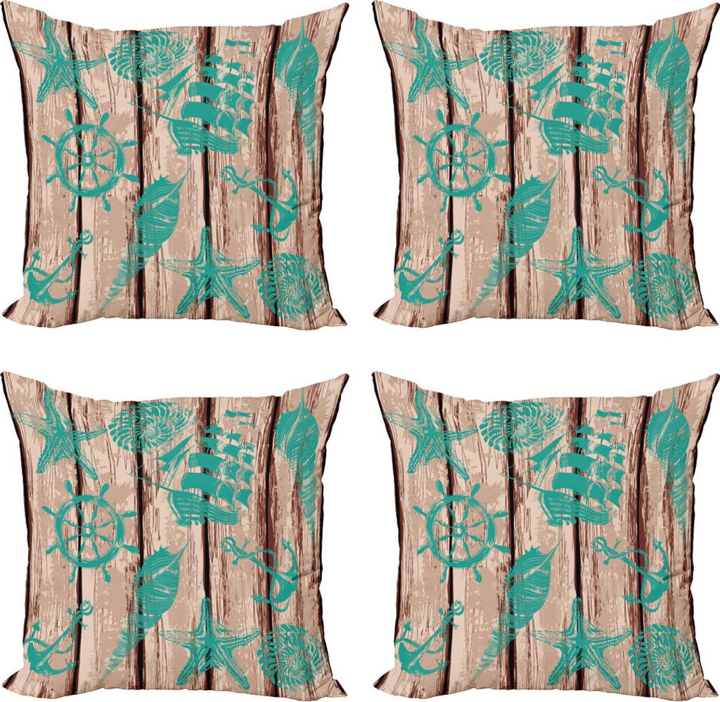 ABAKUHAUS Nautisch Kissenbezug Set (4 Stück), Shell Helm und Schiff, Moderner Doppelseitiger Digitaldruck, 40 cm x 40 cm, Türkis und Braun
