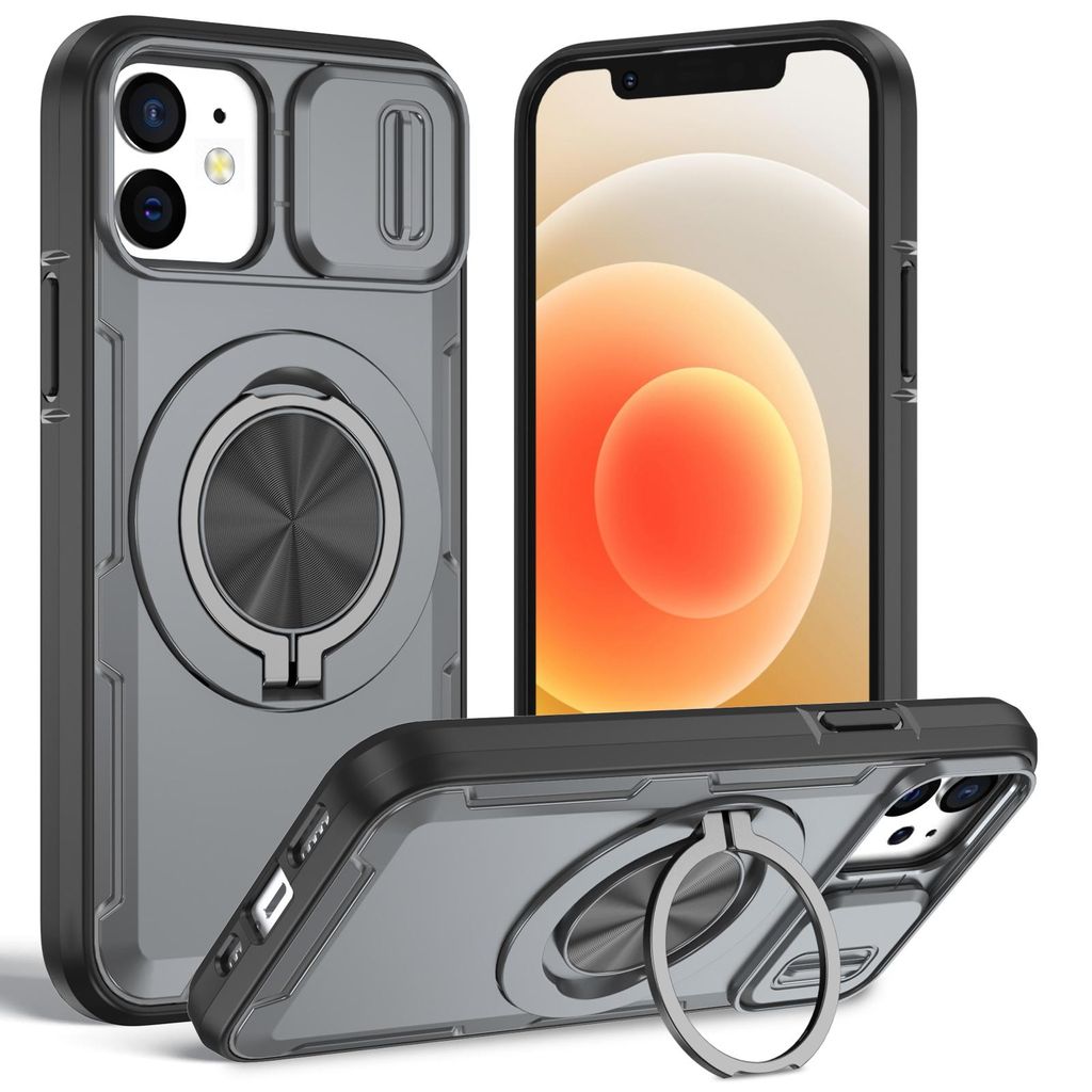 Magnetische Hülle für iPhone 12 /iPhone 12 Pro, Militär Stoßfest Handyhülle mit Kameraschutz und Ringhalter Ständer Grau