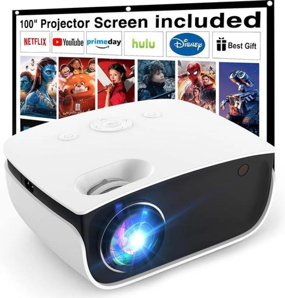Mini Vidéoprojecteur Portable 1080p Full HD Blanc avec Écran 100 Pouces