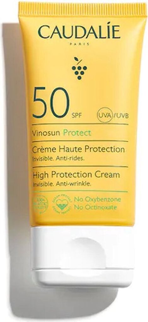 A close-up studio shot of a yellow tube of Caudalie Vinosun Protect High Protection Cream SPF50.