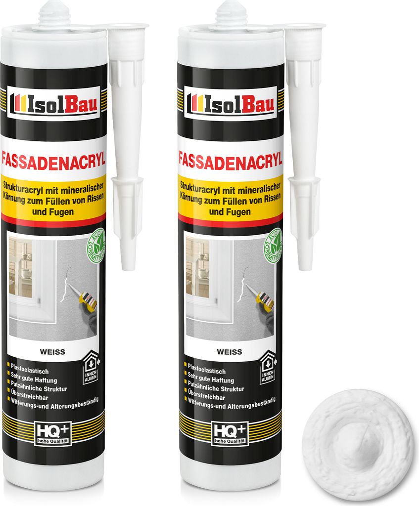 Isolbau Fassaden-Acryl - 2 x 300 ml Acryl-Dichtstoff mit Körnung zum Füllen von Rissen & Fugen im Innen- & Außenbereich - Weiß